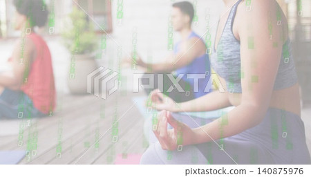 Meditating woman in grey sports bra, leggings on wooden deck, yoga mats, binary overlay, copy space Meditating woman in grey sports bra, leggings on wooden deck, yoga mats, binary overlay, copy space 140875976