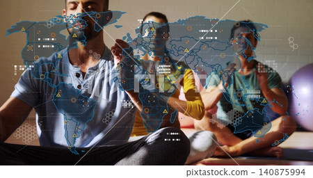 Meditating three adults in athletic wear in lit room, with yoga mats, purple ball, map overlay Meditating three adults in athletic wear in lit room, with yoga mats, purple ball, map overlay 140875994