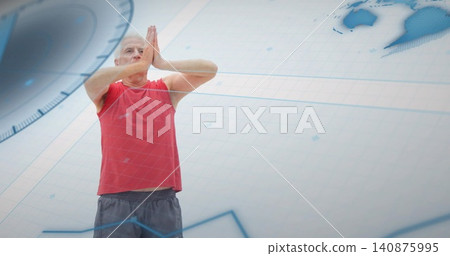 Standing senior man holding palms near chest in studio with red shirt, gray shorts, map overlays Standing senior man holding palms near chest in studio with red shirt, gray shorts, map overlays 140875995