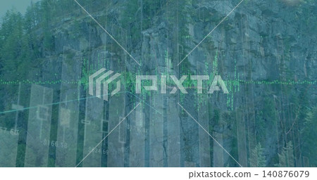 Showing rocky cliff face with pines, faint charts and numbers on mountain cliff with green waveform Showing rocky cliff face with pines, faint charts and numbers on mountain cliff with green waveform 140876079