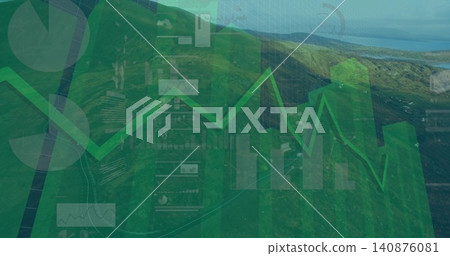 Showing faint green data overlay over aerial coastal hills, winding road, with line and bar charts Showing faint green data overlay over aerial coastal hills, winding road, with line and bar charts 140876081