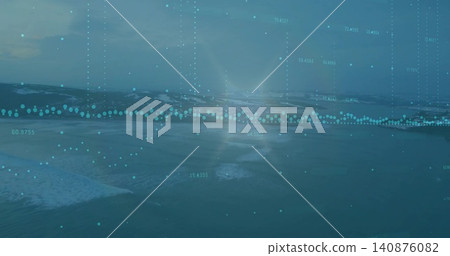 Showing wide ocean surface with transparent turquoise data overlay at horizon with sun glare Showing wide ocean surface with transparent turquoise data overlay at horizon with sun glare 140876082