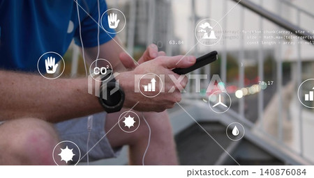 Checking adult male tapping smartphone on bridge, wearing blue shirt shorts watch earphones AR data Checking adult male tapping smartphone on bridge, wearing blue shirt shorts watch earphones AR data 140876084