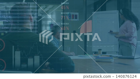 Presenting woman wearing pink top marking whiteboard in meeting room, with data charts, copy space Presenting woman wearing pink top marking whiteboard in meeting room, with data charts, copy space 140876124