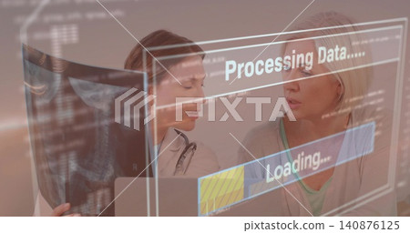 Reviewing dr-stethoscope and cardigan patient viewing chest Xray at clinic, Processing Data or Loadi Reviewing dr-stethoscope and cardigan patient viewing chest Xray at clinic, Processing Data or Loadi 140876125