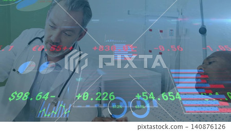 Leaning doctor in lab coat checking tablet over man at bedside noting stethoscope gown analytics Leaning doctor in lab coat checking tablet over man at bedside noting stethoscope gown analytics 140876126