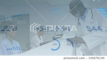 Leaning clinician with lab coat and stethoscope consulting staff in scrubs at desk, HUD, copy space Leaning clinician with lab coat and stethoscope consulting staff in scrubs at desk, HUD, copy space 140876140