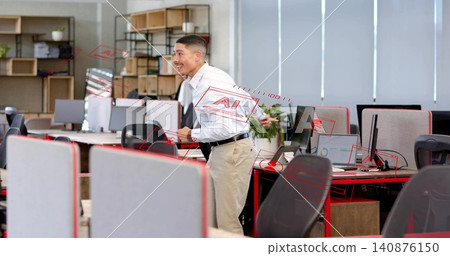 Gesturing, man in white shirt and beige pants interacting with red AI overlays in open office Gesturing, man in white shirt and beige pants interacting with red AI overlays in open office 140876150