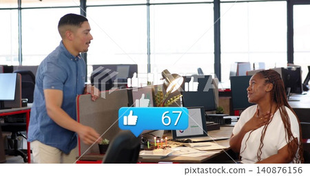 Leaning man speaking while white-blouse woman holding chest in open-plan office with notification Leaning man speaking while white-blouse woman holding chest in open-plan office with notification 140876156