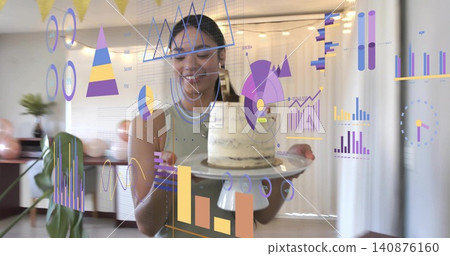 Presenting woman wearing sleeveless top holding two-layer cake on stand at home, with data overlays Presenting woman wearing sleeveless top holding two-layer cake on stand at home, with data overlays 140876160
