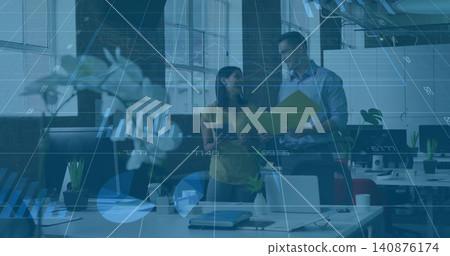 Pointing man in shirt explaining yellow folder to woman at office, with smartphone, data overlays Pointing man in shirt explaining yellow folder to woman at office, with smartphone, data overlays 140876174