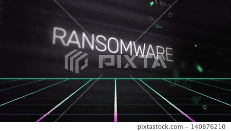 Displaying white RANSOMWARE text hovering over neon grid floor in cyber terminal, with scanlines Displaying white RANSOMWARE text hovering over neon grid floor in cyber terminal, with scanlines 140876210