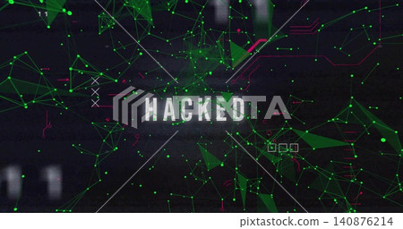 Displaying centered white HACKED text on dark display, showing neon nodes, green lines, scanlines 140876214