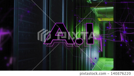 Glowing neon AI graphic casting circuit lines in dark data center aisle, reflecting server racks Glowing neon AI graphic casting circuit lines in dark data center aisle, reflecting server racks 140876220