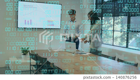 Reviewing deck, business-casual team pointing at laptop and screen in meeting room, binary overlay Reviewing deck, business-casual team pointing at laptop and screen in meeting room, binary overlay 140876256
