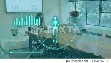 Reviewing two colleagues wearing office attire viewing holographic HUD on laptops in meeting room Reviewing two colleagues wearing office attire viewing holographic HUD on laptops in meeting room 140876293