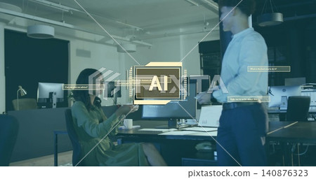 Reaching green-dress woman handing coffee mug to blue-shirt man at modern office with AI hologram Reaching green-dress woman handing coffee mug to blue-shirt man at modern office with AI hologram 140876323