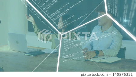 Pointing woman in business clothes and man taking notes at meeting table, laptop, code overlay Pointing woman in business clothes and man taking notes at meeting table, laptop, code overlay 140876331