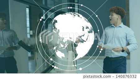Holding papers, man in blue shirt reacting in glass corridor with digital globe HUD, copy space Holding papers, man in blue shirt reacting in glass corridor with digital globe HUD, copy space 140876332