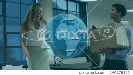 Displaying holographic globe and chat UI in tech office, woman white blouse, man holding box Displaying holographic globe and chat UI in tech office, woman white blouse, man holding box 140876335