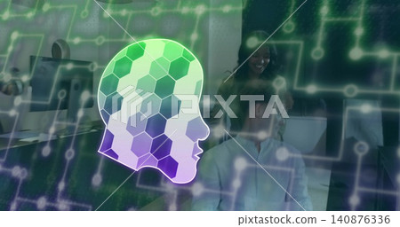 Displaying hex head silhouette hovering at office, with circuit overlay and coworkers in collars Displaying hex head silhouette hovering at office, with circuit overlay and coworkers in collars 140876336
