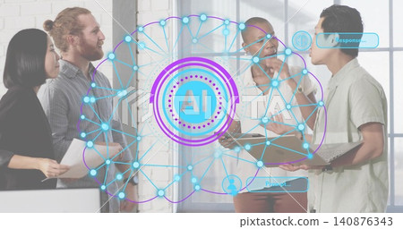 Talking four staff at window near exposed brick wall, blazers, holding laptop, files and AI graphic Talking four staff at window near exposed brick wall, blazers, holding laptop, files and AI graphic 140876343