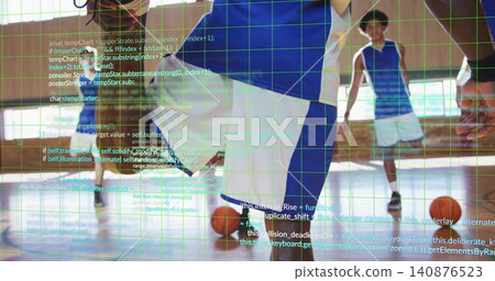 Dribbling player in blue sleeveless jersey and white shorts in gym with basketballs, code overlay Dribbling player in blue sleeveless jersey and white shorts in gym with basketballs, code overlay 140876523