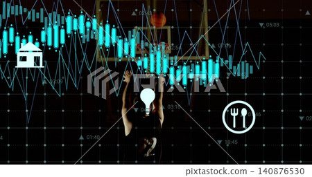 Standing man in sleeveless #2 top raising arms in dark studio, with cyan graphs, white icons Standing man in sleeveless #2 top raising arms in dark studio, with cyan graphs, white icons 140876530