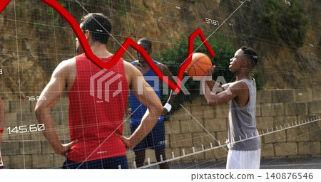 Holding basketball, man in gray tank preparing shot at outdoor court, red graph overlay, copy space Holding basketball, man in gray tank preparing shot at outdoor court, red graph overlay, copy space 140876546