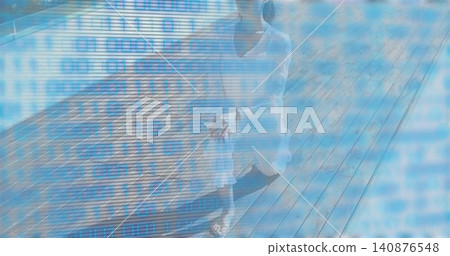Sitting adult female wearing light dress and sandals on wooden deck, blue binary scanlines overlay Sitting adult female wearing light dress and sandals on wooden deck, blue binary scanlines overlay 140876548