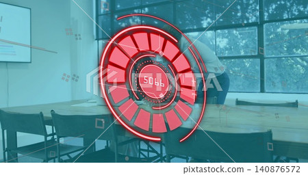 Projecting red HUD displaying rings and 5066 over meeting table, staff in office attire with papers Projecting red HUD displaying rings and 5066 over meeting table, staff in office attire with papers 140876572