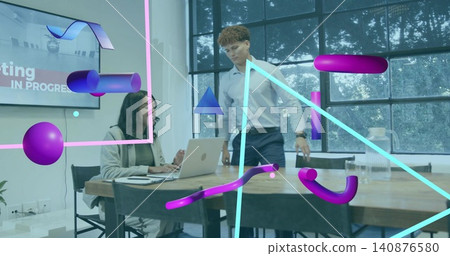 Working woman in blazer and man in button-up leaning over meeting table, with laptop neon overlays Working woman in blazer and man in button-up leaning over meeting table, with laptop neon overlays 140876580