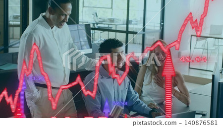 Talking team in dress shirts and sleeveless blouse at open office with laptop, financial charts Talking team in dress shirts and sleeveless blouse at open office with laptop, financial charts 140876581