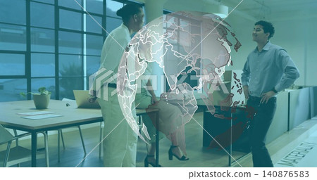 Discussing three office workers wearing office attire in modern office, holographic globe overlay Discussing three office workers wearing office attire in modern office, holographic globe overlay 140876583
