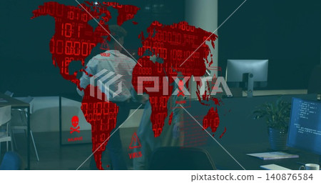 Discussing two staff wearing business shirts holding jacket near desks in office with red cyber map Discussing two staff wearing business shirts holding jacket near desks in office with red cyber map 140876584