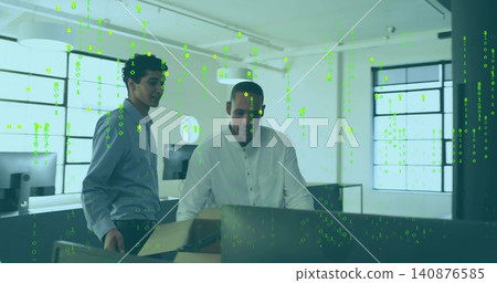 Reviewing men in button shirts checking monitor at open office, with cardboard box and green code Reviewing men in button shirts checking monitor at open office, with cardboard box and green code 140876585