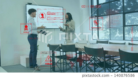 Showing two pros in suits pointing at infected profile on wall display, tablet-in-hand, red overlay Showing two pros in suits pointing at infected profile on wall display, tablet-in-hand, red overlay 140876586