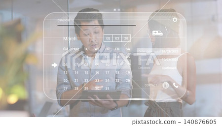 Viewing man button-up and woman beanie checking AR calendar at office, with tablet, delivery icons Viewing man button-up and woman beanie checking AR calendar at office, with tablet, delivery icons 140876605