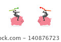 Businessmen riding piggy banks in a heated financial debate, pointing at each other with stock market graph arrows, corporate conflict and market analysis concept 140876723