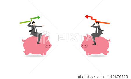 Businessmen riding piggy banks in a heated financial debate, pointing at each other with stock market graph arrows, corporate conflict and market analysis concept Businessmen riding piggy banks in a heated financial debate, pointing at each other with stock market graph arrows, corporate conflict and market analysis concept 140876723