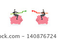 Businessmen jousting on piggy banks like knights, wielding stock market chart arrows as lances, financial battle and fierce corporate competition concept 140876724