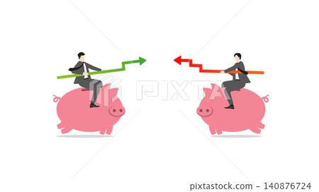 Businessmen jousting on piggy banks like knights, wielding stock market chart arrows as lances, financial battle and fierce corporate competition concept Businessmen jousting on piggy banks like knights, wielding stock market chart arrows as lances, financial battle and fierce corporate competition concept 140876724