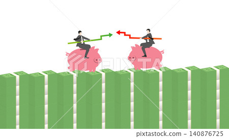 Businessmen jousting on piggy banks over a mountain of banknotes, intense financial rivalry and market competition concept 140876725