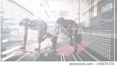 Holding plank, two fitness partners in athletic wear on red mats training in studio, HUD overlays 140876778