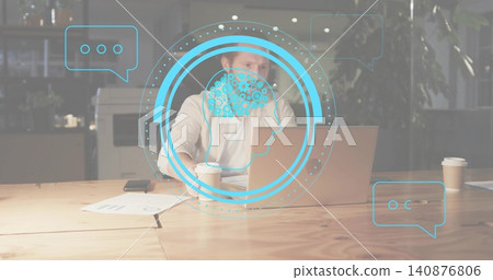 Working mid-adult man in light shirt at office, typing on laptop with coffee, charts and AI-overlay Working mid-adult man in light shirt at office, typing on laptop with coffee, charts and AI-overlay 140876806