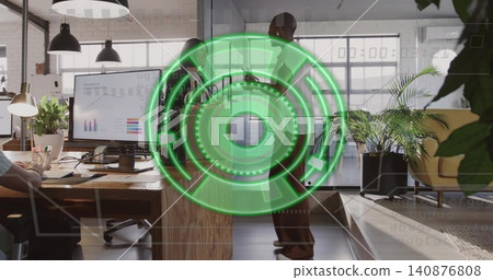 Consulting, suit-clad pair standing by glass wall at office with chart-screen and green holo UI Consulting, suit-clad pair standing by glass wall at office with chart-screen and green holo UI 140876808