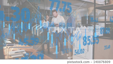 Analyzing team in business attire pointing at tablet in open office, printer, blue AR charts Analyzing team in business attire pointing at tablet in open office, printer, blue AR charts 140876809