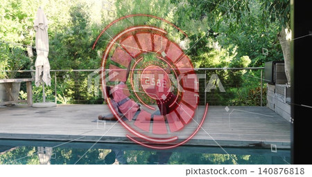 Sitting two men in casual clothes chatting on backyard deck by pool, with HUD '2582' overlay Sitting two men in casual clothes chatting on backyard deck by pool, with HUD '2582' overlay 140876818