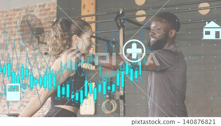 Guiding trainer supporting client in sportswear extending arms at gym, rig and data overlay Guiding trainer supporting client in sportswear extending arms at gym, rig and data overlay 140876821