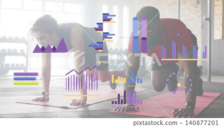 Doing plank moves partners in athletic clothes at gym, with red mats, wrist trackers, data overlays Doing plank moves partners in athletic clothes at gym, with red mats, wrist trackers, data overlays 140877201